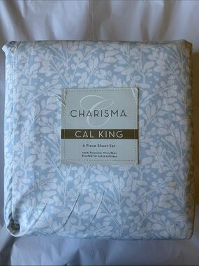 Charisma Light Blue and White Cal King 6-Piece Sheet Set - Leaf Pattern